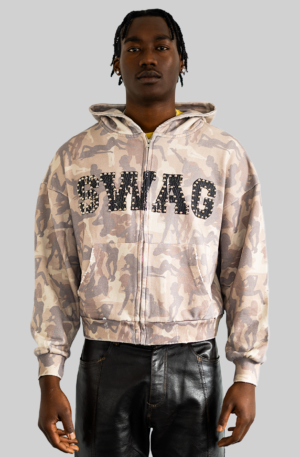 FELPA CAMOUFLAGE CON STAMPA SERIGRAFICA E BORCHIE